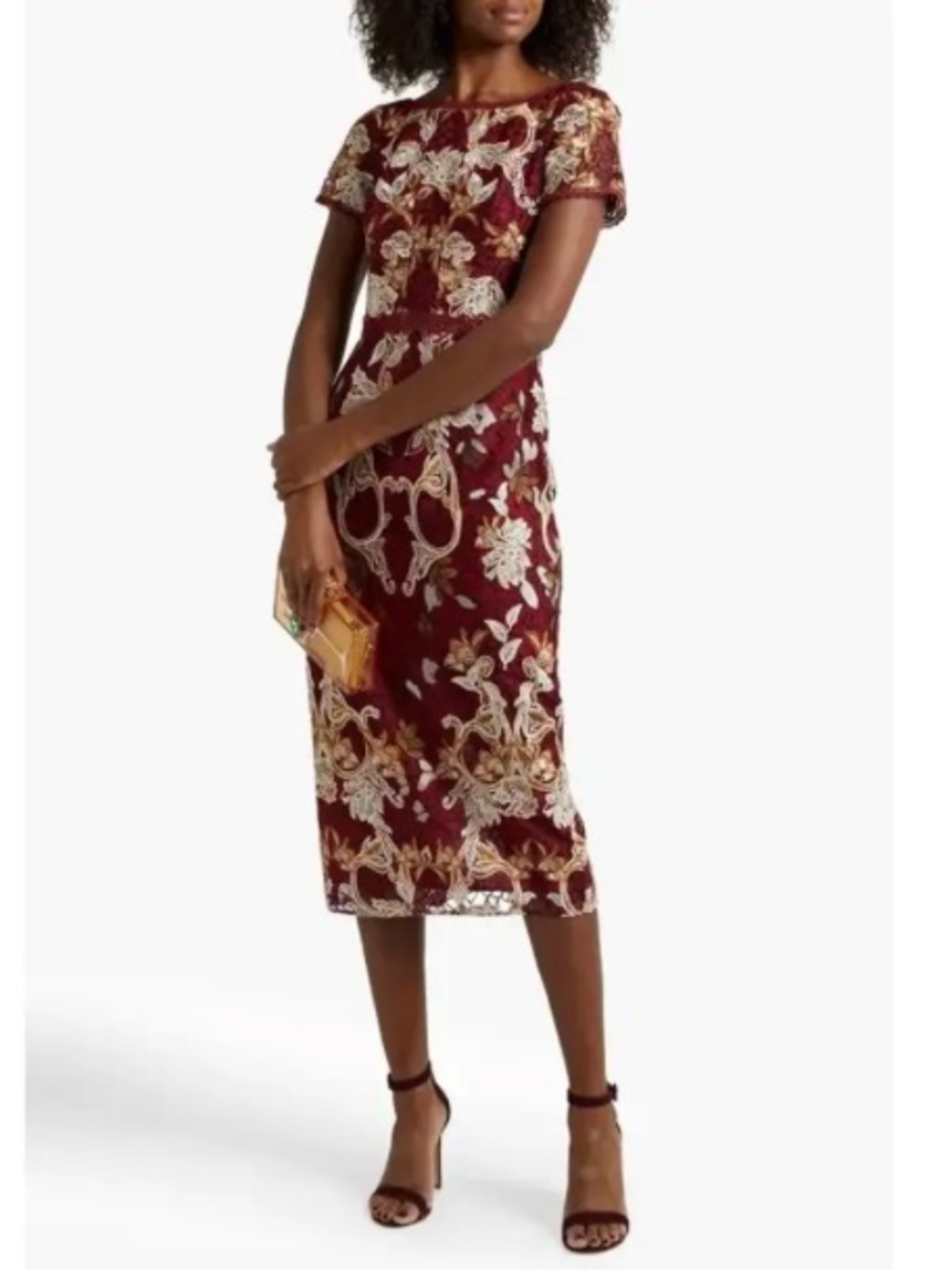 Marchesa Notte / Burgundy Embroidered Guipure  slim silhouette evening gown